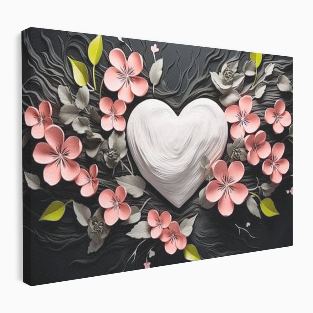 Tablou canvas cu tablou canvas cu inima alba si flori roz, fara rama, pe sasiu de lemn